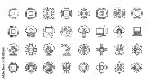 Collection of technology icons chips ai robotics and cloud computing