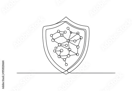 Digital Privacy Shield. Minimalistic one-line drawing shield protecting interconnected digital dots and lines, continuous single black line on white