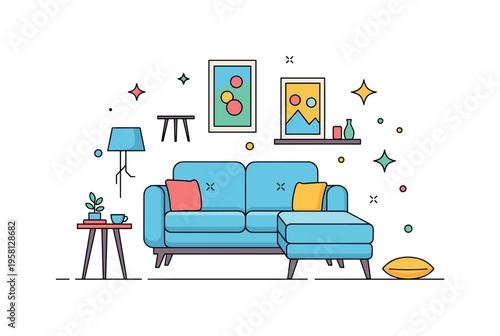 Modern sofa sofa with rounded edges and minimalistic coffee table in front representing contemporary design, elegance, and casual comfort. Decorative spark