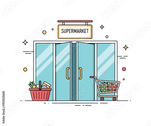 Supermarket entrance scene featuring glass doors opening beneath a simple store sign while a basket and shopping cart rest beside the doorway. Welcoming retail