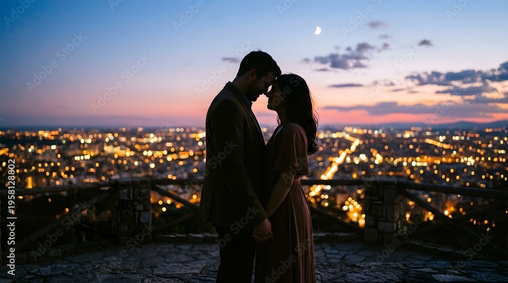 Fototapeta premium Romantic couple embracing with city skyline at twilight