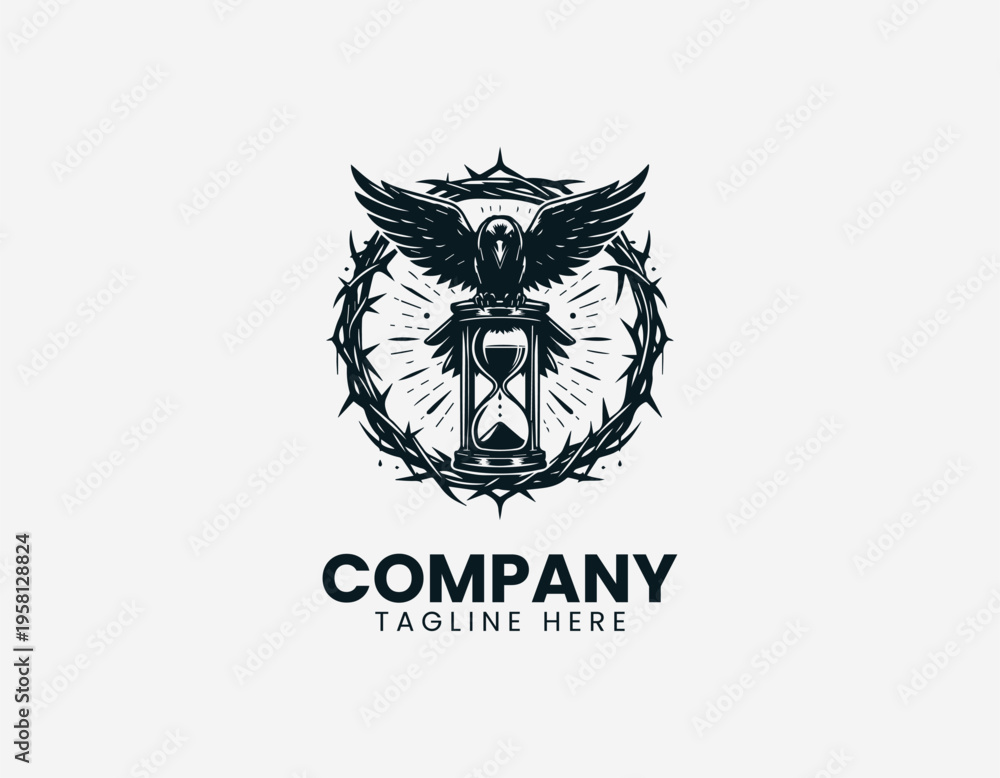 Fototapeta premium Raven with hourglass and thorn circle black vector logo illustration isolated on white background