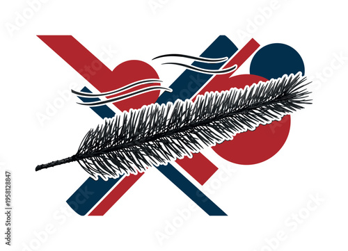 black and white pine needles branch stretching diagonally across composition, cut-out collage edges with white outline, bold geometric circles and diagonal