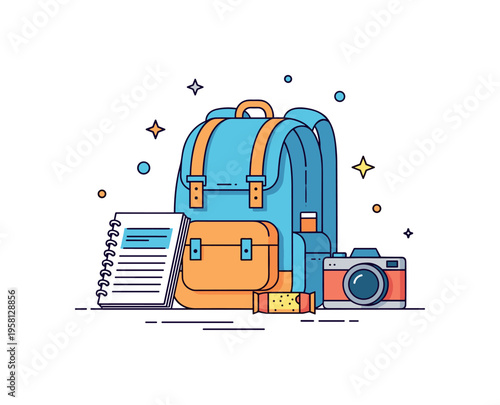 School adventure preparation with a backpack partially packed while a notebook, camera, and small snack sit beside it waiting to go inside. Positive visual