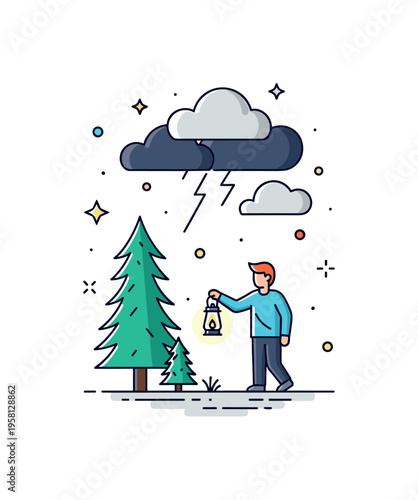 Individual standing at the edge of a stormy forest with dark clouds overhead, holding a lantern, representing hope, resilience, and confronting uncertainty.