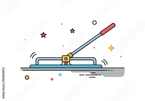 Concrete floor leveling process depicted by a long screed tool drawn across a smooth surface, symbolizing precision and even distribution. The badge-style