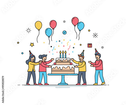 Festive surprise reveal with friends surrounding a large birthday cake while balloons float above and confetti sparkles fill the space. The scene conveys