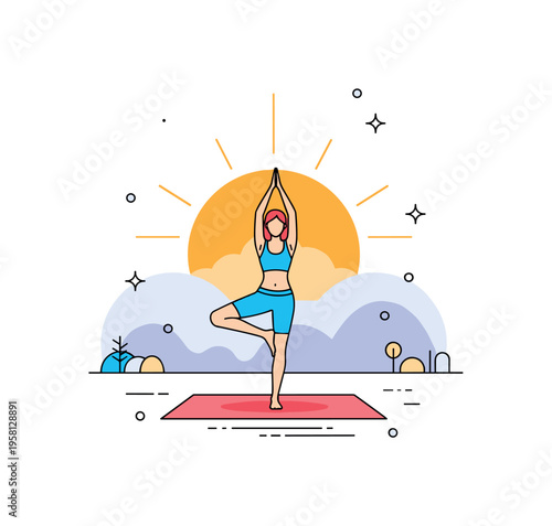 Morning yoga balance pose practiced under a warm rising sun symbolizing focus and inner harmony. A simple mat, soft landscape shapes and subtle decorative