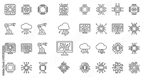 Collection of technology icons featuring microchips robotics and cloud computing