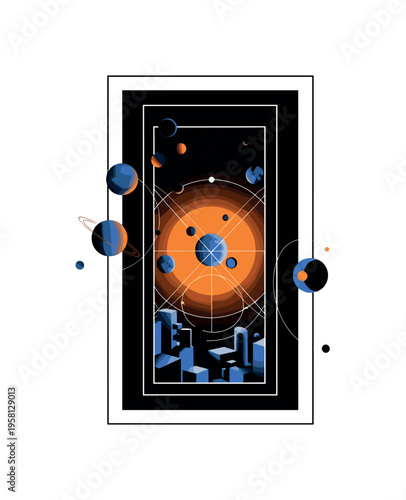 planetary system emerging from an open doorway into space, black and white doorway cut-out with white contour outline, giant orange circle sun behind the