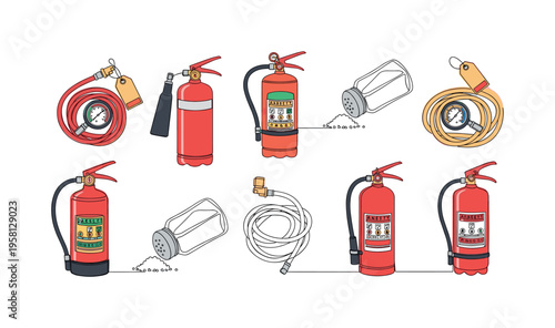 portable fire extinguishers collection seamless pattern, different extinguisher types hoses gauges and safety tags arranged in a repeating pattern, white