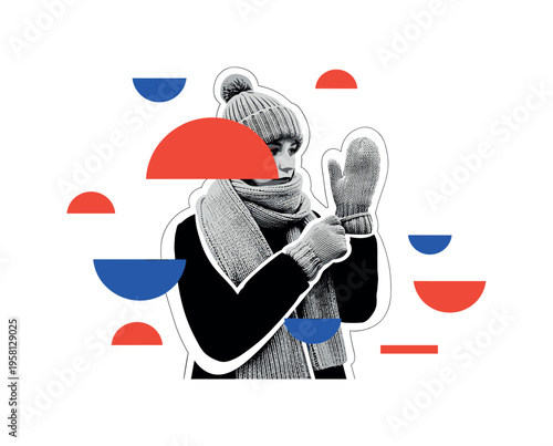 black and white person adjusting knitted mittens while wearing a large scarf and wool hat, cut-out collage object with white outline, floating semicircles and