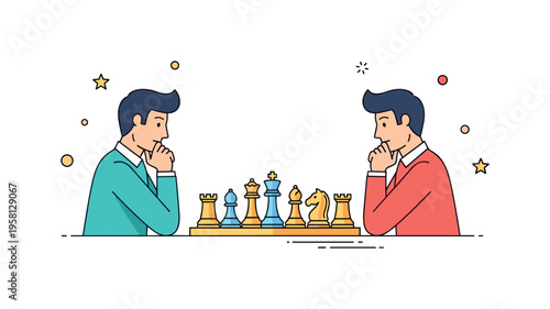 Chess strategy moment with two players thoughtfully facing a chessboard while pieces stand neatly arranged between them. The composition conveys focus,