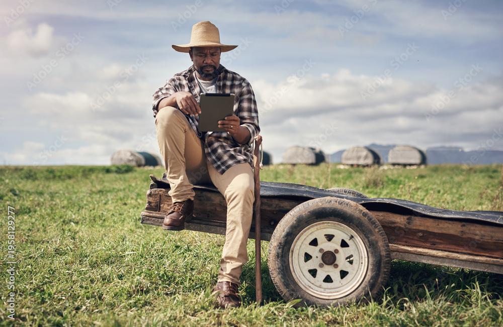 Fototapeta premium Break, tablet and trailer with black man on farm for online agriculture or sustainability management. App, development and planning with mature African farmer outdoor for agribusiness research