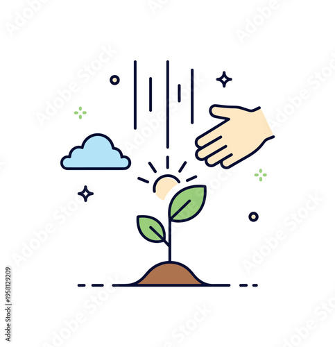 Heavenly blessing soft descending rays touching a small tree sprout growing upward toward the light. A hopeful editorial icon about grace, growth, and renewal.