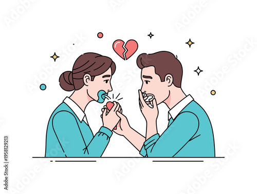 Soap opera dramatic confession two elegant characters facing each other in an emotional moment while one holds a hand to the heart and the other reacts with