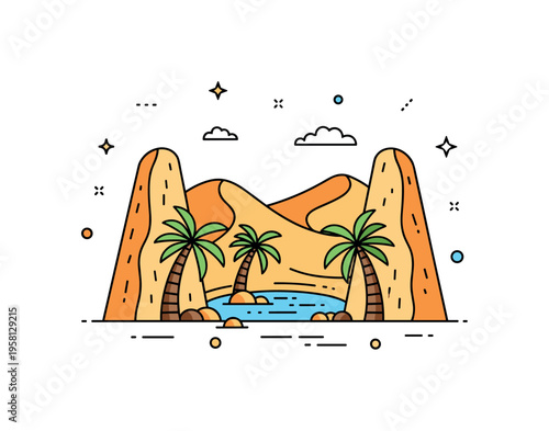 Desert oasis among dunes small palm trees and a water pool resting between tall sand dunes creating a rare and refreshing desert oasis. The composition