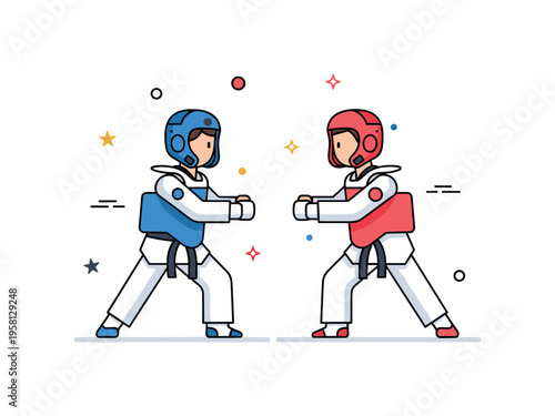 Taekwondo sparring scene featuring two simplified athletes in protective gear facing each other in balanced stance, expressing competition and respect. The