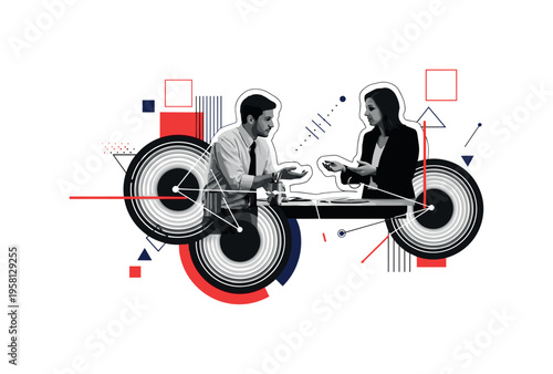 black and white meeting scene with two coworkers discussing work at a table, cut-out collage figures with white outline, layered circles and connecting lines