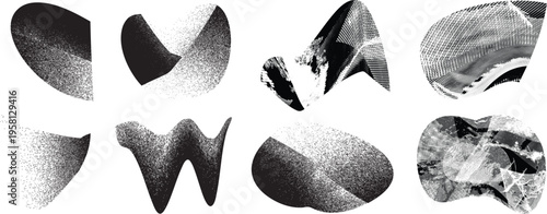 Distorted irregular shapes collection . Noisy design . Noise destroyed logo . Trendy grainy shapes set . Graph print texture .Spray effect .Grunge texture . Distressed element .vector
