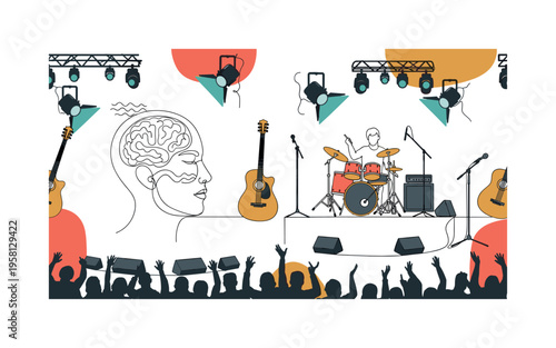 music gig seamless pattern, musicians on stage, instruments, microphones, spotlights, cheering audience and stage equipment arranged in a repeating pattern,