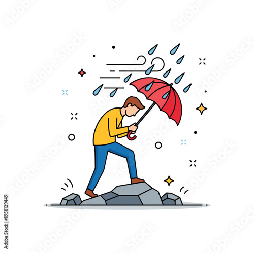 Person braving a heavy downpour with an umbrella bending against the wind, standing firm on rocky ground, illustrating perseverance and inner strength.