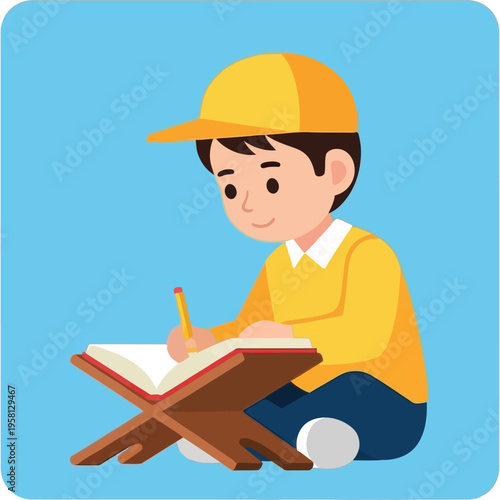 A focused child studying with a pencil and an open book on a desk