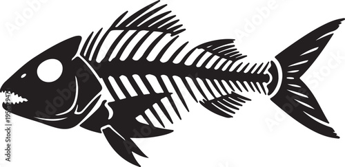 Fish skeleton illustration in black and white colors