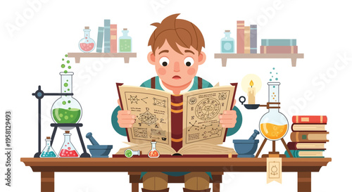 Young Boy Reading Book in Laboratory Setting.