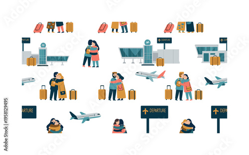 travelers embracing seamless pattern, airport hugs, luggage, airplanes, terminals, and departure indicators arranged in a repeating pattern, white background
