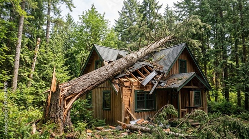 Large tree fallen on wooden house roof in forest. Storm damage to property and cabin after heavy wind. Natural disaster consequence. Insurance claim and emergency repair work concept.