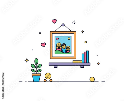 Family photo wall decor cozy home corner featuring a framed family picture hanging above a small shelf while tiny hearts and sparkles emphasize warmth and