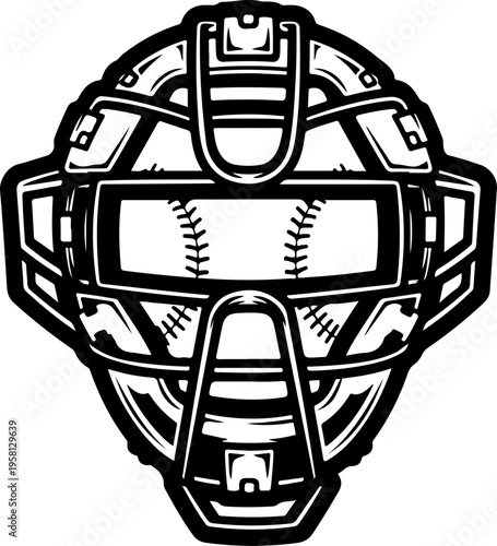 Baseball Catcher Mask, Black and White Vector, Sports Equipment, Protective Gear