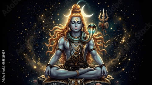 Illustration of Lord Shiva in Meditation with Cosmic Background