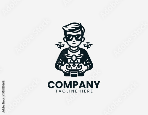 Young child with sunglasses operating drone in clean modern black vector logo illustration style