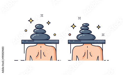 Hot stone therapy for couples two sets of smooth stones placed on simplified back silhouettes on parallel tables, subtle sparkle accents expressing therapeutic