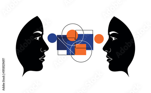 black-and-white two faces in profile from opposite sides looking toward each other, abstract circles and geometric blocks between them symbolizing shared ideas