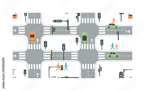 urban crosswalk intersection with traffic lights cars road arrows and walking pedestrians illustrated as city traffic icons, flat vector rounded shapes, bright