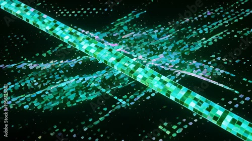 Glossy green mosaic ribbon crossing luminous particle stream neon mosaic ribbon cross digital particles flowing space glowing turquoise purple abstract motion energy glowing green mosaic ribbon