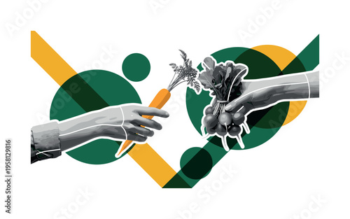 black and white hand exchanging fresh produce at a market, realistic hands with white cut-out outline, bold circular shapes and diagonal geometric lines