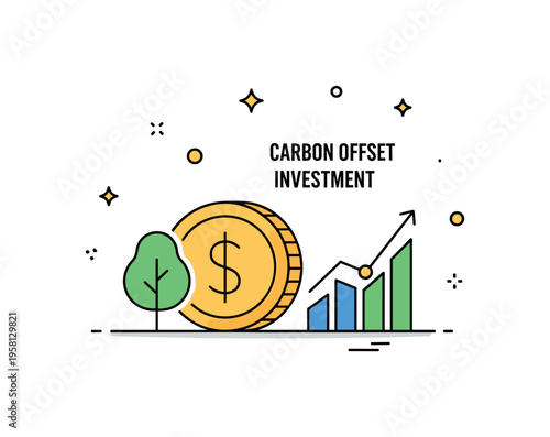 Carbon offset investment centered on a coin symbol paired with a small tree icon and a rising sustainability chart. The visual metaphor highlights green