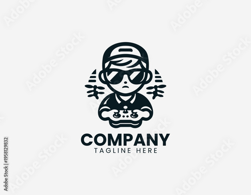Free Download Young child with sunglasses operating drone in clean modern black vector logo illustration style - GFXLoad