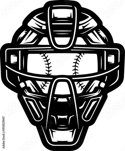 Vector illustration of baseball catcher mask with ball