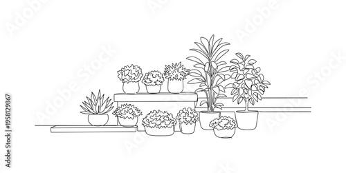 Terrace Plant Display. Minimalistic one-line drawing various planters and pots arranged on terrace floor and ledges, continuous single black line on white