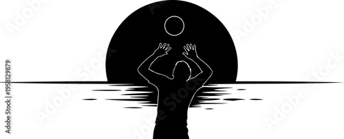 Vector illustration of a person in water with raised hands at sunset