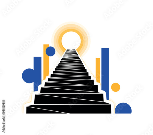 black and white staircase rising upward toward a glowing sun disk symbolizing progress and future success, white outline cut-out effect, geometric circles and