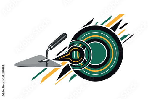 A realistic monochrome trowel embedded into stylized soil represented by horizontal geometric bands, abstract roots illustrated as thin linear elements