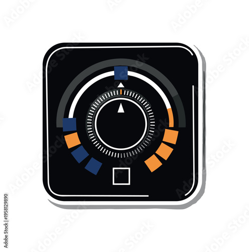 black and white thermostat interface with a rotating dial and small indicator arrow, white outline cut-out effect, concentric circles and geometric blocks