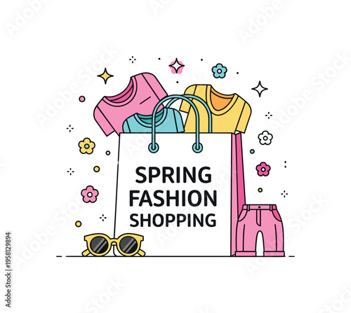 Spring fashion shopping stylish shopping bag filled with light clothing and sunglasses while tiny flower icons and sparkles symbolize the joy of discovering