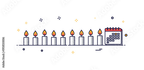 Eight nights of Hanukkah symbolized by a row of evenly spaced candle flames with a small calendar icon beside them, representing progression and celebration